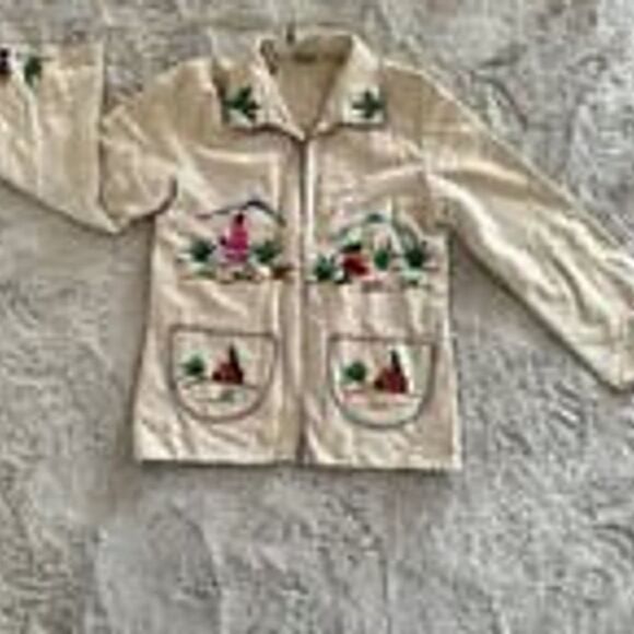 Vintage Lopez Mexican Wool Open Tourist Coat Jacket Yarn Embroidered Tan Sz S/M - Picture 1 of 12